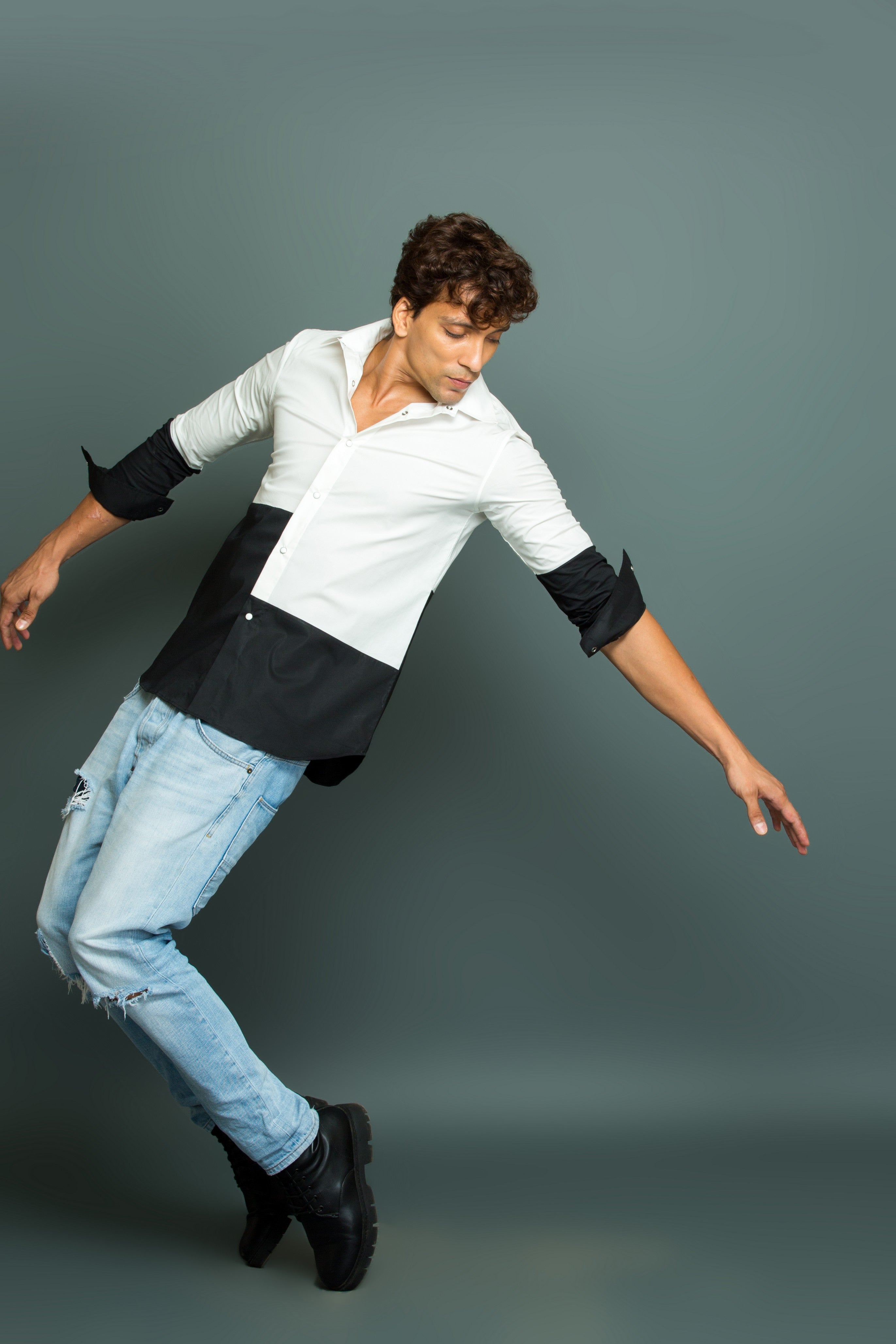 White shirt with black bottom patch