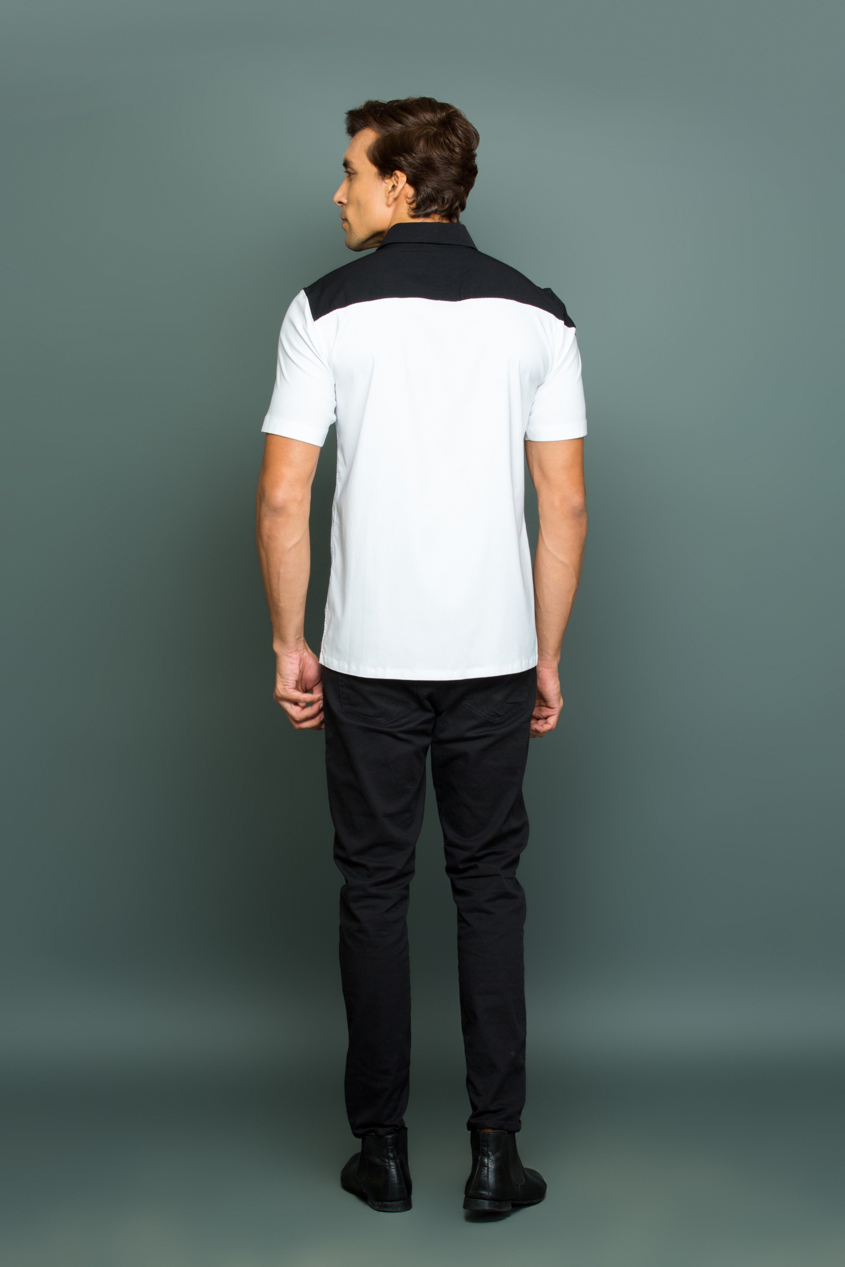 White and black shirt with black top yoke