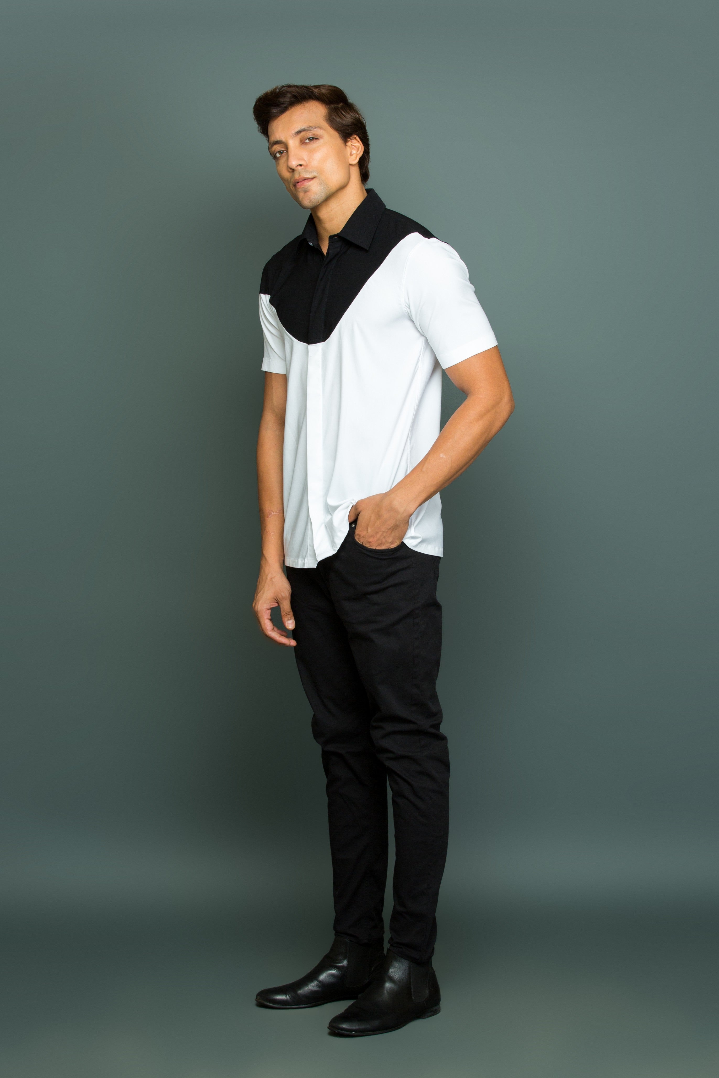 White and black shirt with black top yoke