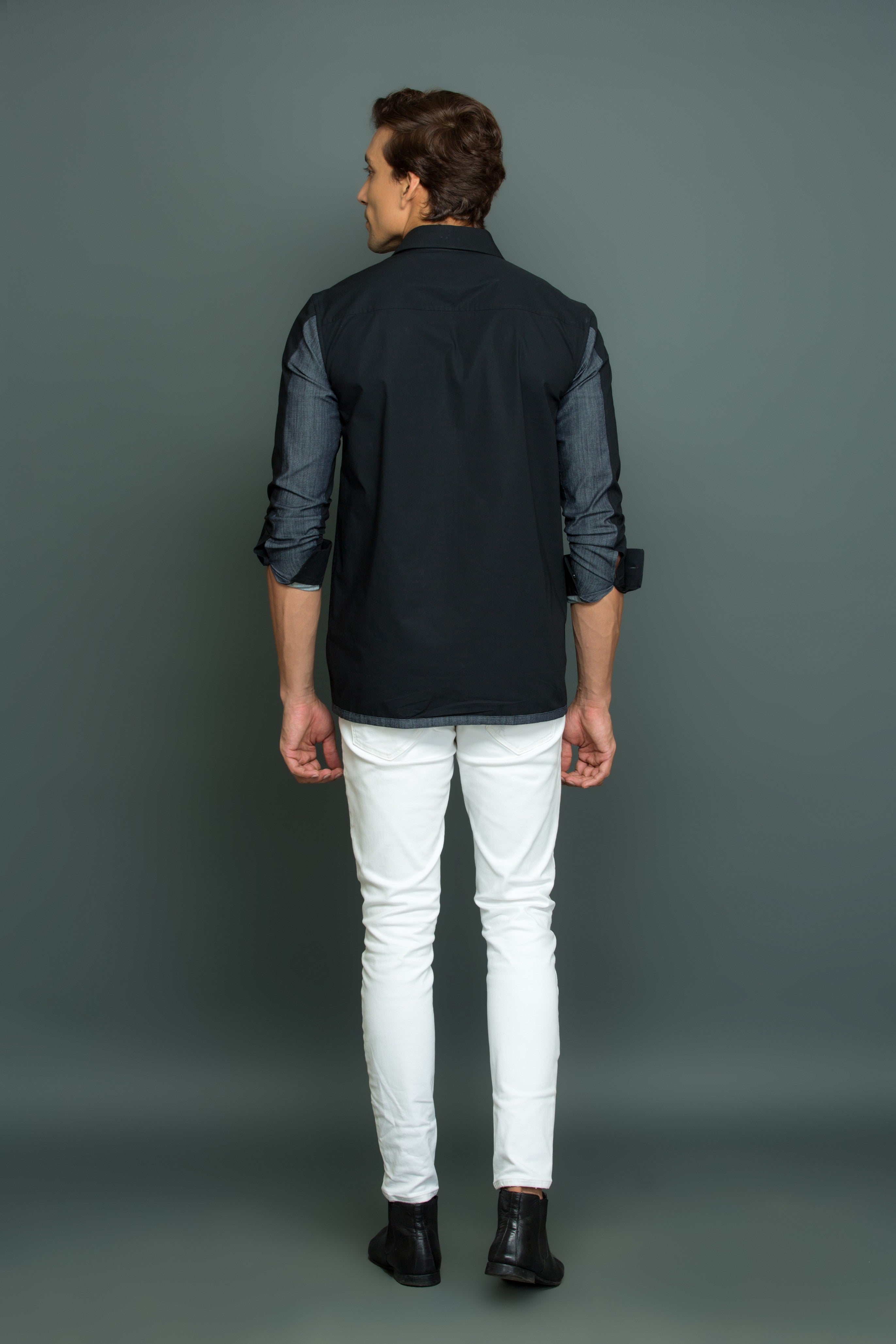 Black shirt with gray denim pocket and gray denim 1/4 sleeve patch