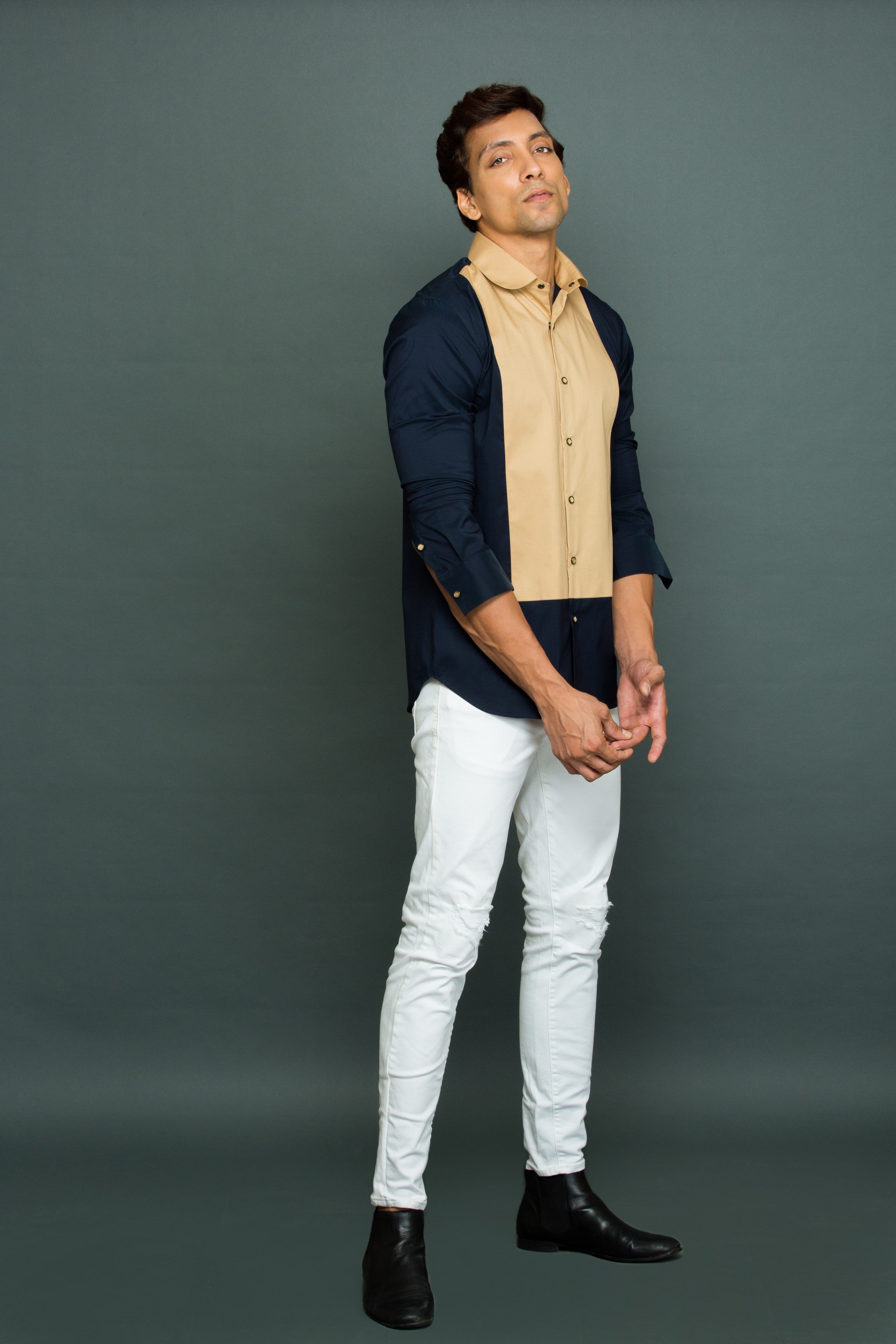 Blue shirt with Khaki long front patch and rounded collar