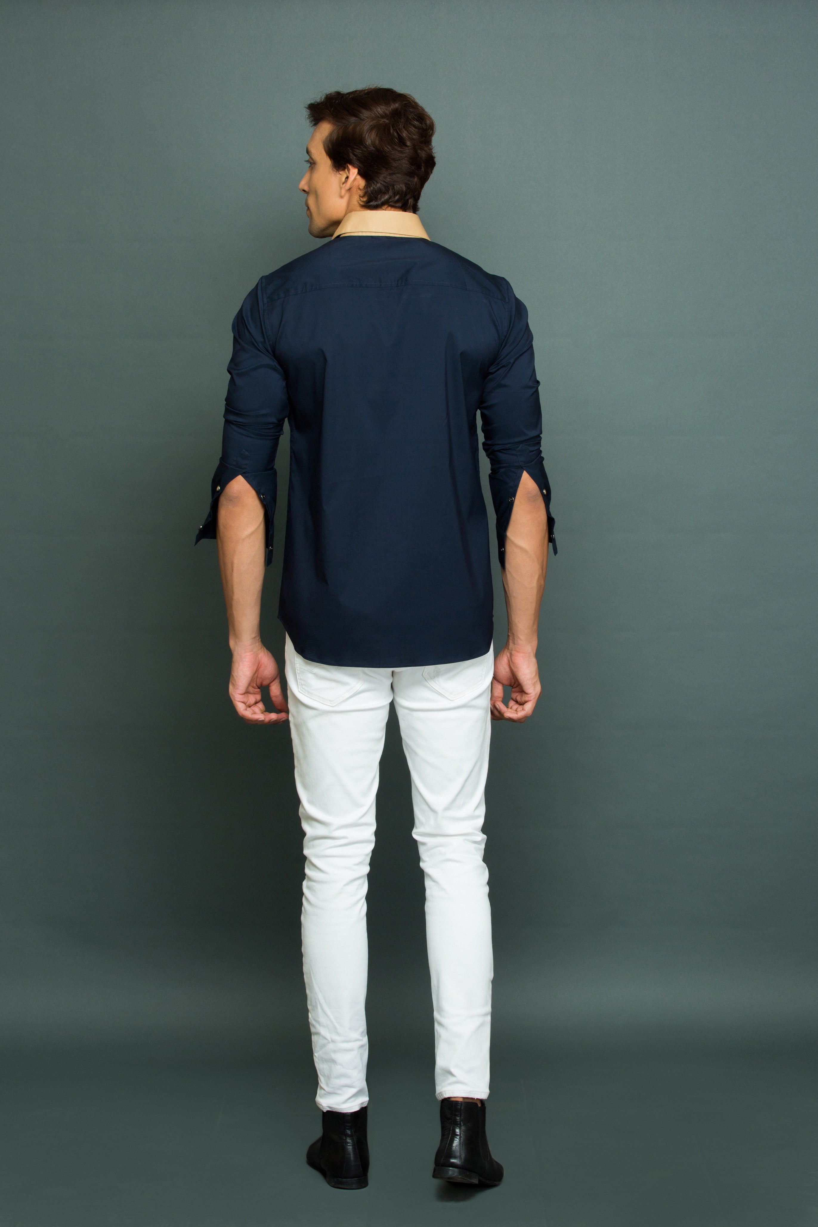 Blue shirt with Khaki long front patch and rounded collar
