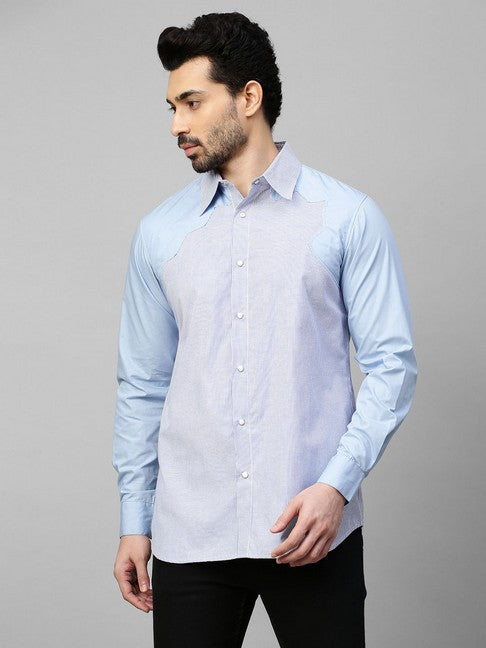 Blue striped shirt with light blue sleeves and lapels feature