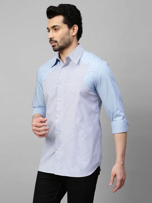 Blue striped shirt with light blue sleeves and lapels feature