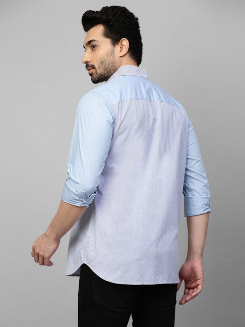 Blue striped shirt with light blue sleeves and lapels feature