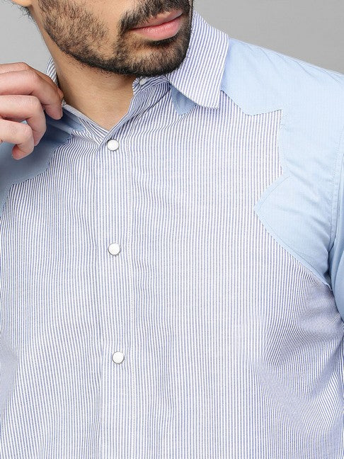 Blue striped shirt with light blue sleeves and lapels feature