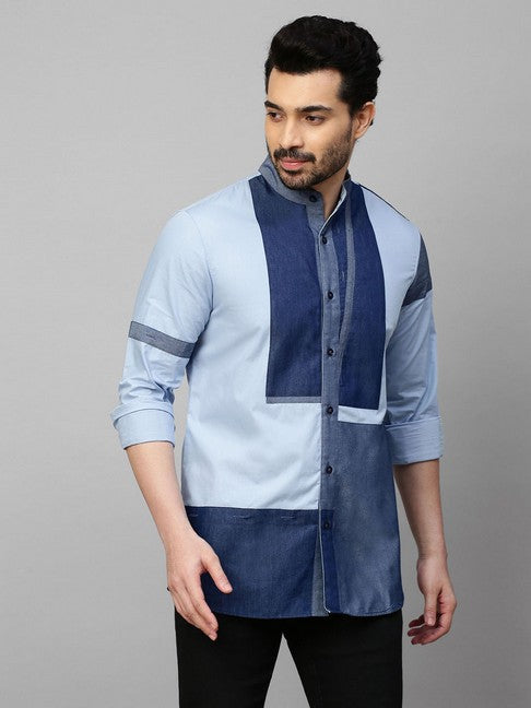 White shirt with chinese collar and denim patchwork