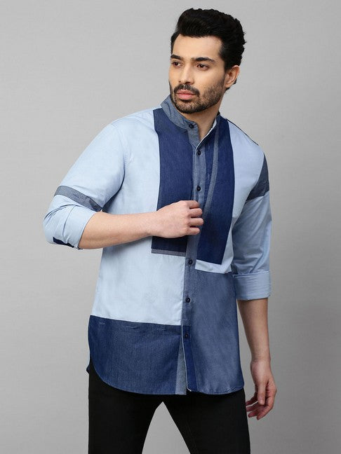 White shirt with chinese collar and denim patchwork