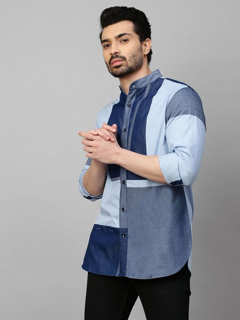 White shirt with chinese collar and denim patchwork