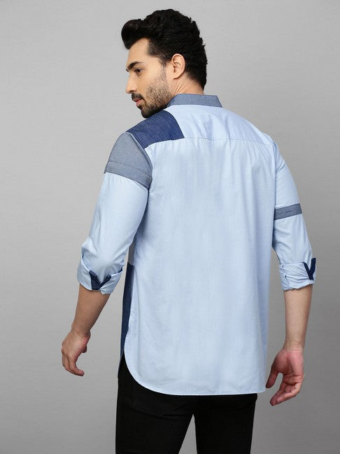 White shirt with chinese collar and denim patchwork