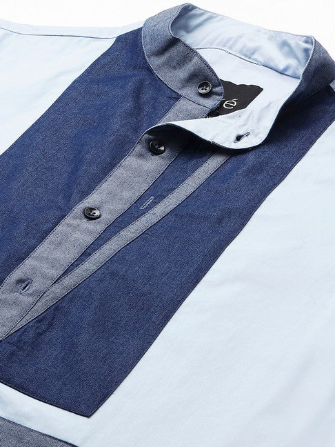 White shirt with chinese collar and denim patchwork