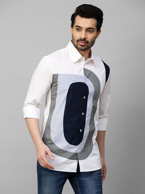 White shirt with dark blue, gray and light blue checks patchwork on chest
