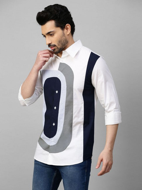 White shirt with dark blue, gray and light blue checks patchwork on chest