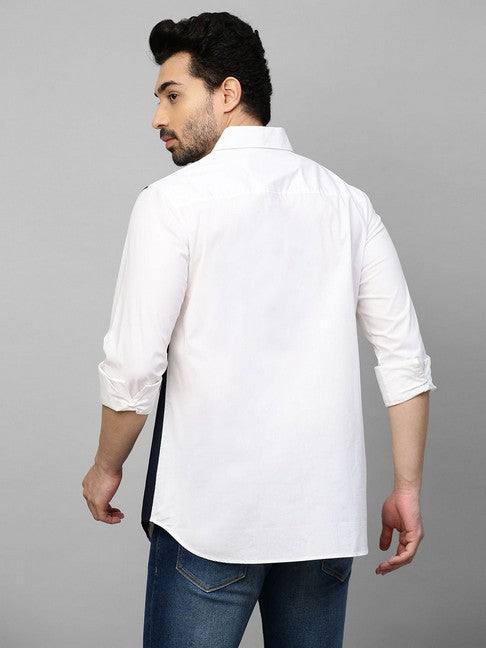 White shirt with dark blue, gray and light blue checks patchwork on chest