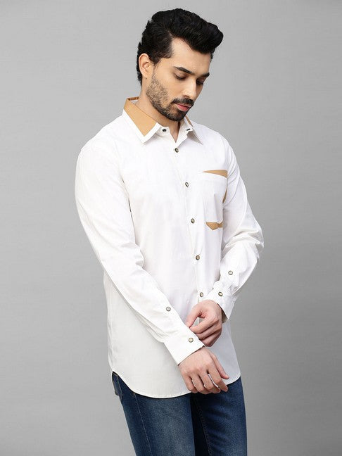 White shirt with Khaki patchwork on collar and pocket