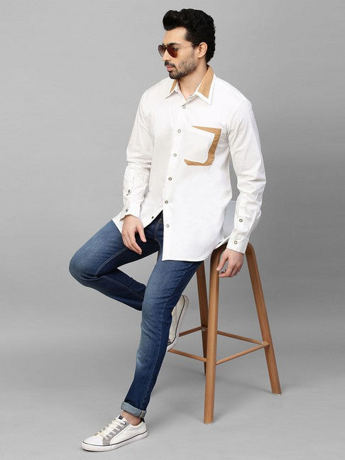 White shirt with Khaki patchwork on collar and pocket