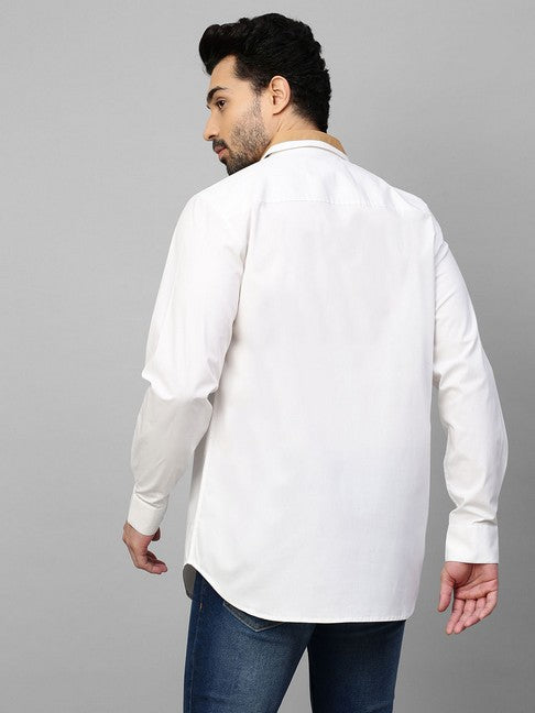 White shirt with Khaki patchwork on collar and pocket