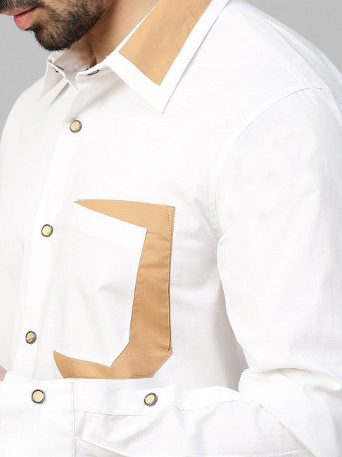 White shirt with Khaki patchwork on collar and pocket