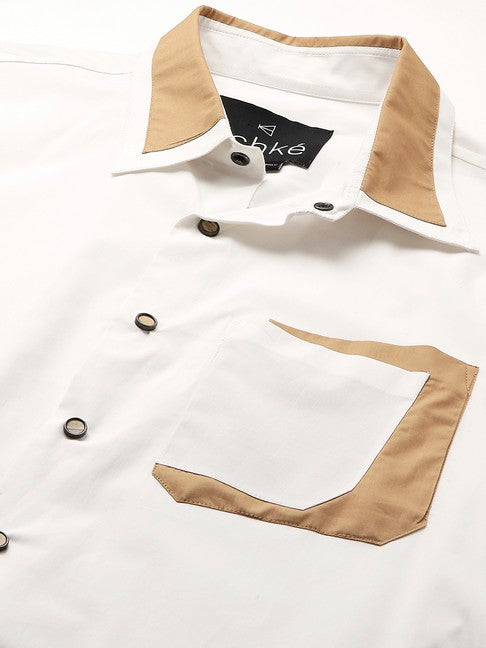 White shirt with Khaki patchwork on collar and pocket