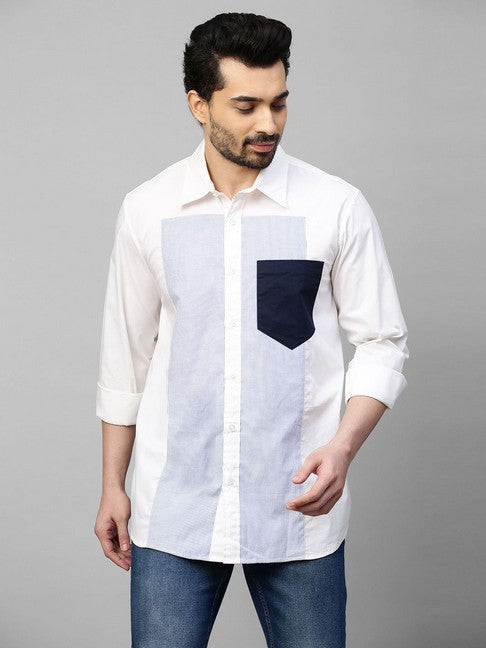 White shirt with Blue stripes panel on chest and dark blue pocket