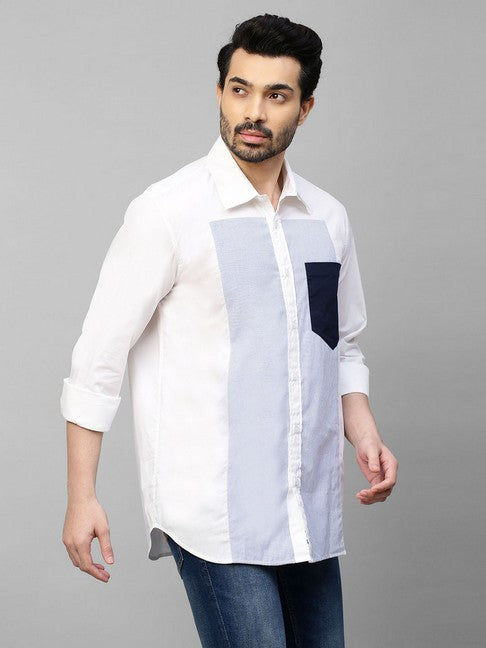 White shirt with Blue stripes panel on chest and dark blue pocket