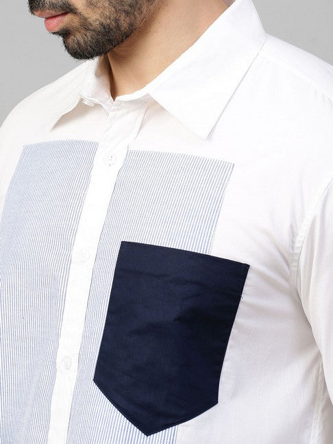 White shirt with Blue stripes panel on chest and dark blue pocket
