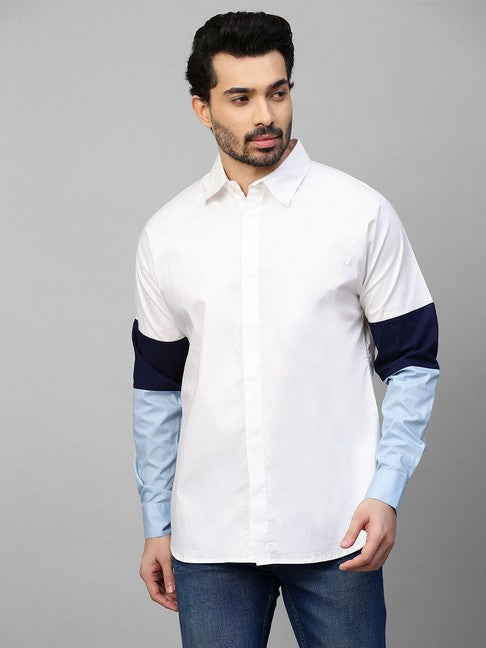 White shirt with white, dark blue and light blue banded sleeves