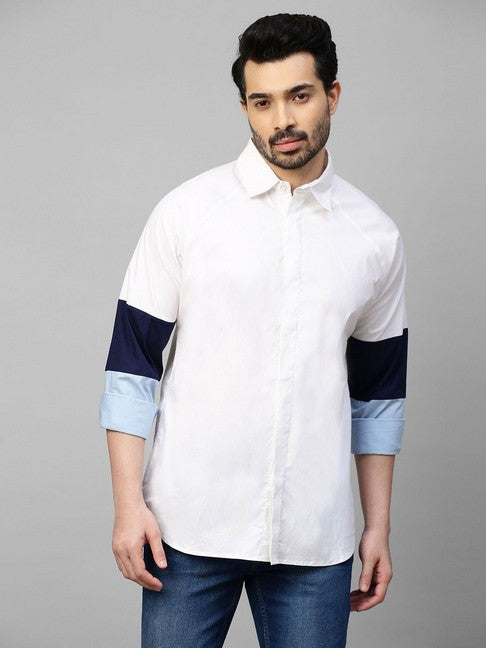 White shirt with white, dark blue and light blue banded sleeves
