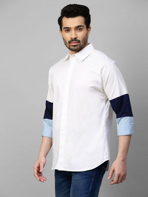 White shirt with white, dark blue and light blue banded sleeves