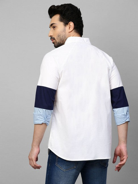White shirt with white, dark blue and light blue banded sleeves