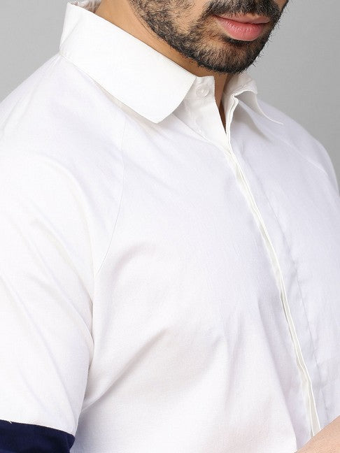 White shirt with white, dark blue and light blue banded sleeves