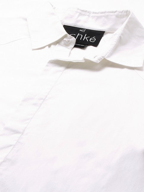 White shirt with white, dark blue and light blue banded sleeves
