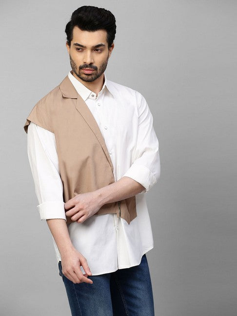 White shirt with double layered Khaki zippered jacket feature