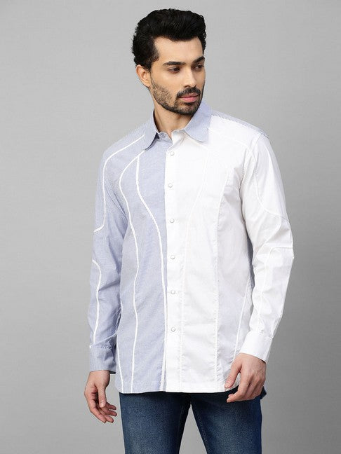 White shirt with blue stripes and piping panel on one side