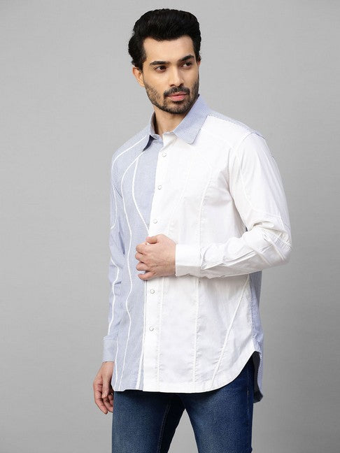White shirt with blue stripes and piping panel on one side