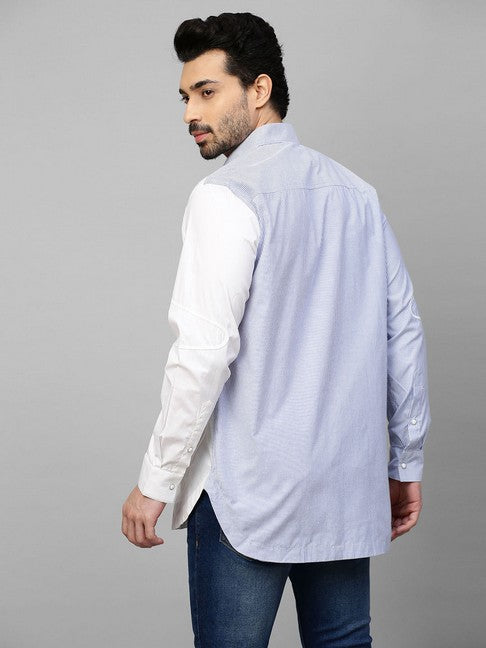White shirt with blue stripes and piping panel on one side