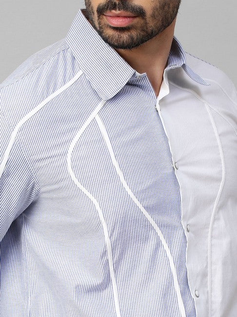 White shirt with blue stripes and piping panel on one side