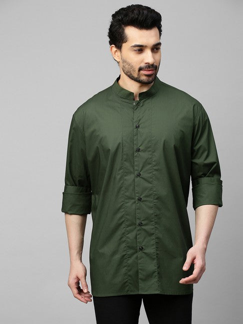 Military green shirt with chinese collar and grey zipper feature at the back