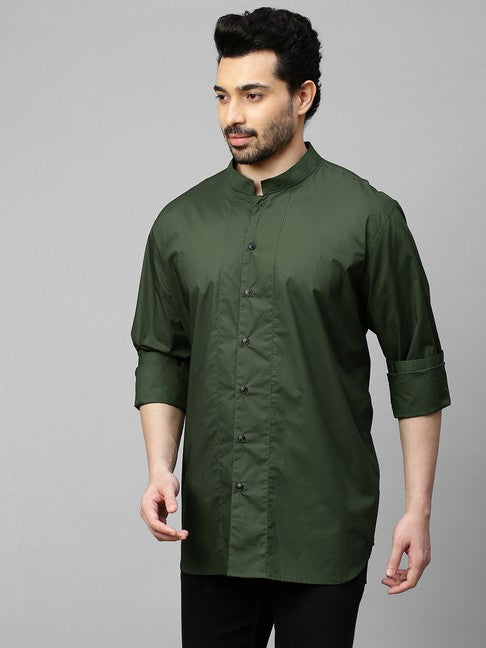 Military green shirt with chinese collar and grey zipper feature at the back