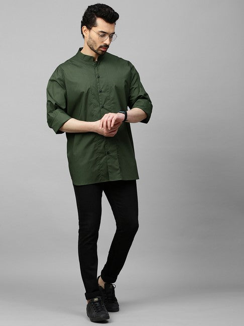 Military green shirt with chinese collar and grey zipper feature at the back