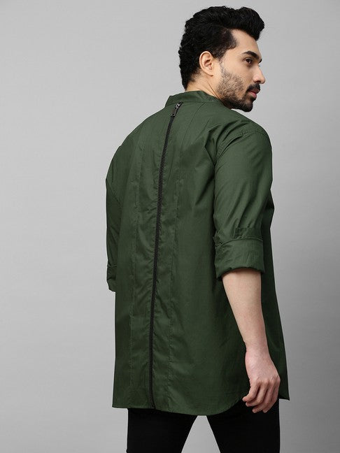 Military green shirt with chinese collar and grey zipper feature at the back
