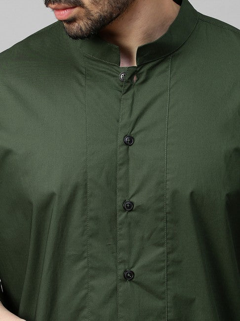 Military green shirt with chinese collar and grey zipper feature at the back