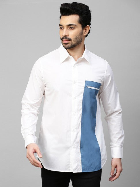 White shirt with slate blue patch on one side with slit pocket feature