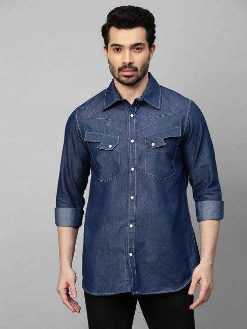 Denim shirt with white stitching and lightning feature