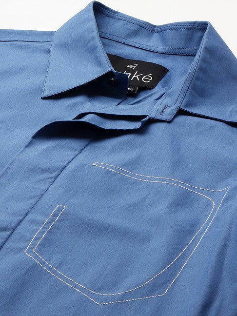 Slate Blue shirt with white stitching half pocket feature