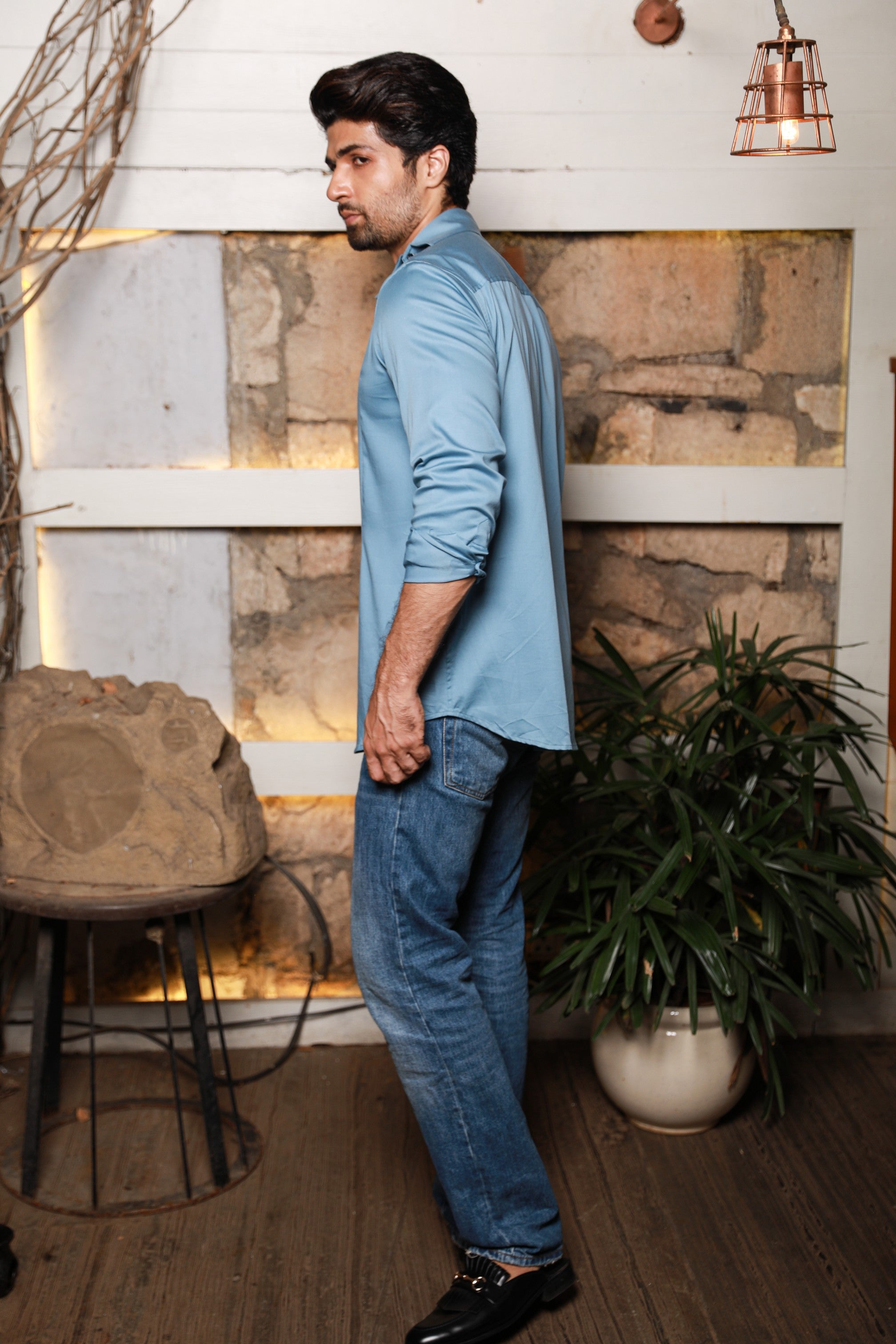 Slate blue shirt with off center collar