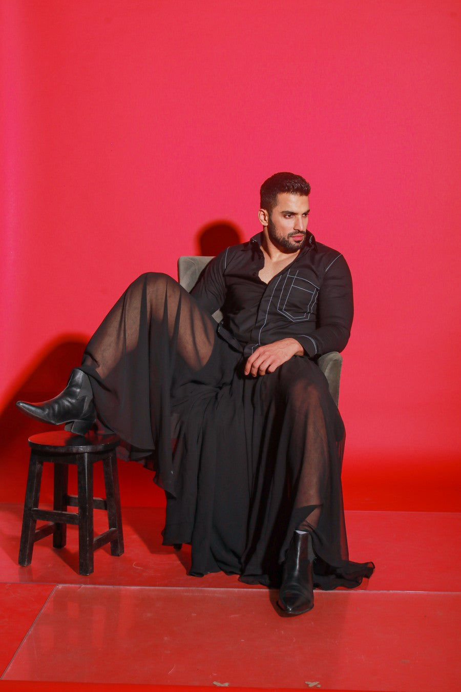 Black shirt with thick white stitching