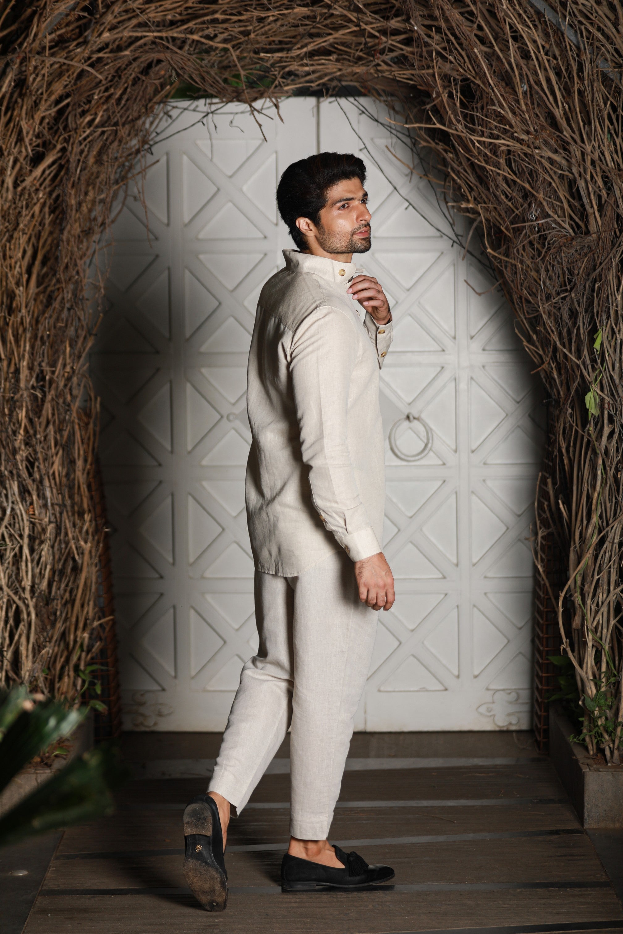 Ecru linen kurta shirt style co-ord set
