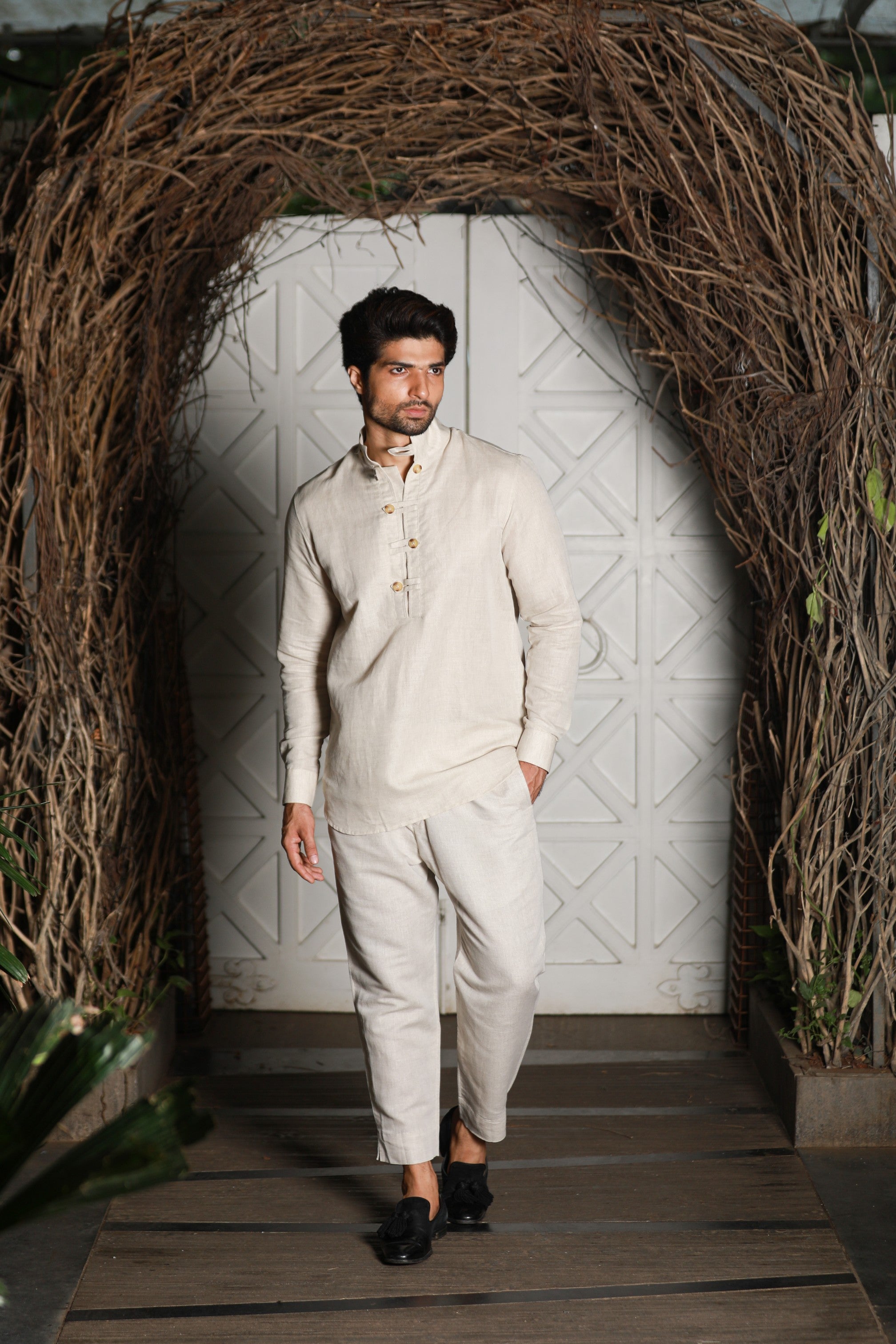 Ecru linen kurta shirt style co-ord set