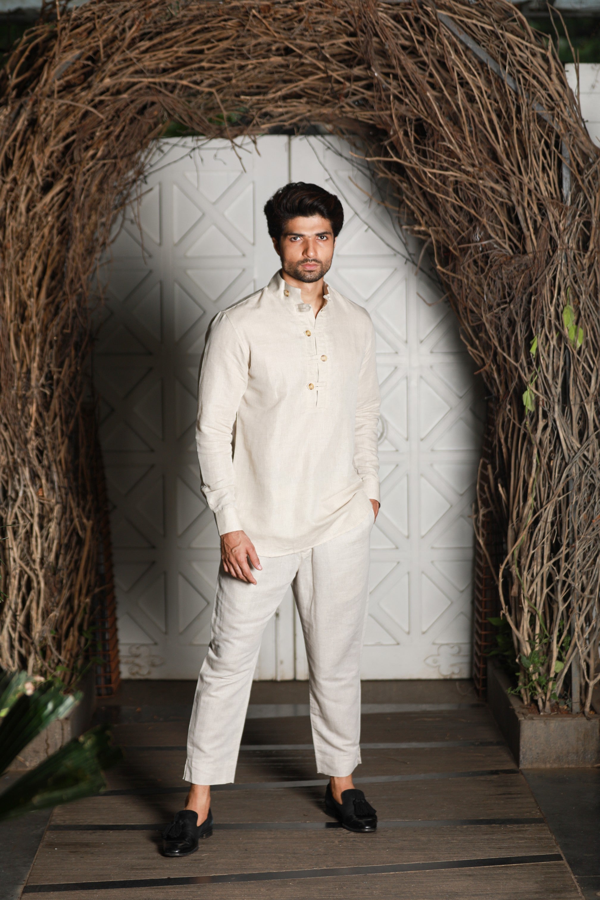 Ecru linen kurta shirt style co-ord set
